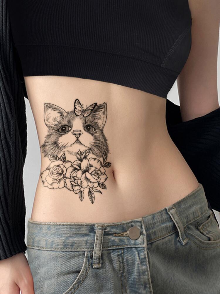 1 hoja Pegatina tatuaje flor & con patrón de gato - Negro - Añade 2