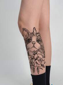 1 hoja Pegatina tatuaje flor & con patrón de gato - Negro - Ver 3