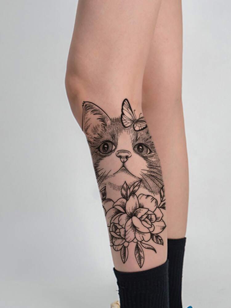 1 hoja Pegatina tatuaje flor & con patrón de gato - Negro - Añade 3