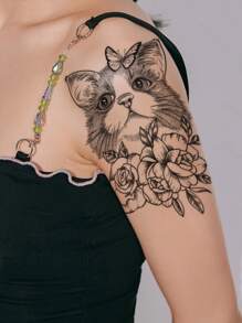 1 hoja Pegatina tatuaje flor & con patrón de gato - Negro - Ver 4