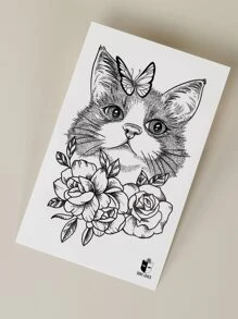 1 hoja Pegatina tatuaje flor & con patrón de gato - Negro - Ver 5