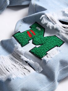 男士卡通字母拼贴破洞修身直筒牛仔裤 - 淺色水洗藍 - 查看 5