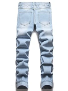 Men Patchwork Panel Ripped Frayed Bleach Wash Jeans - Light Wash - View 2