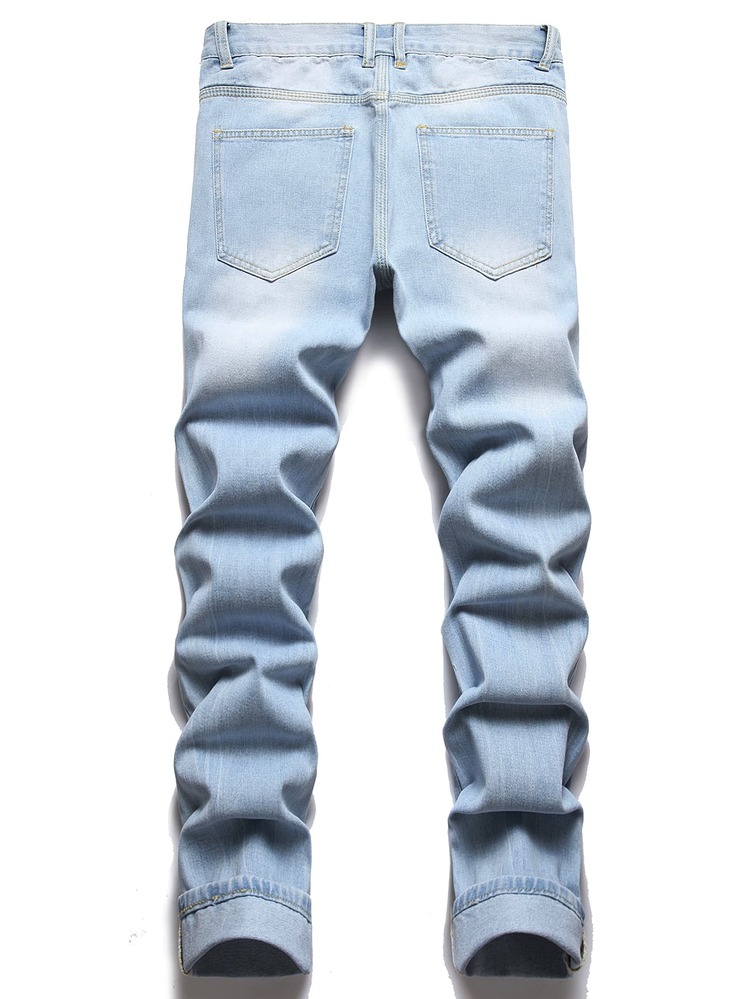 Men Patchwork Panel Ripped Frayed Bleach Wash Jeans - Light Wash - View 2