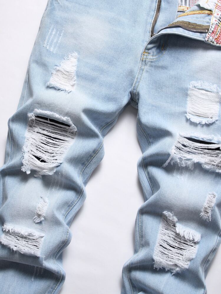 Men Patchwork Panel Ripped Frayed Bleach Wash Jeans - Light Wash - View 5