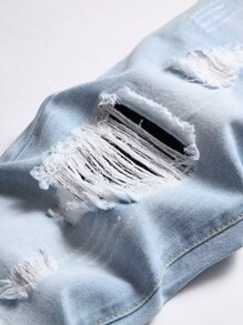 Men Patchwork Panel Ripped Frayed Bleach Wash Jeans - Light Wash - View 6