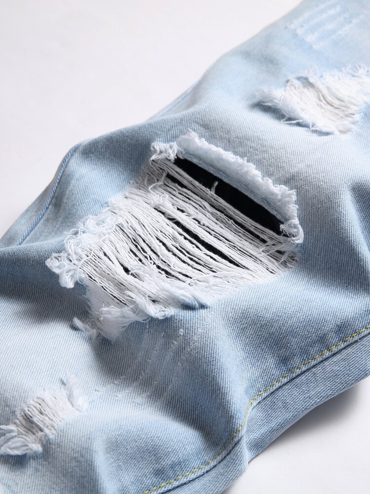 Men Patchwork Panel Ripped Frayed Bleach Wash Jeans - Light Wash - View 6