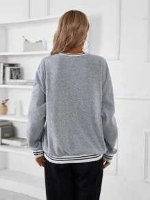 Flirla 字母图案条纹饰边落肩套头衫，长袖上衣，适合毕业季、返校季、教师节等场合，秋季返校季必备。 - 淺灰色 - 查看 2