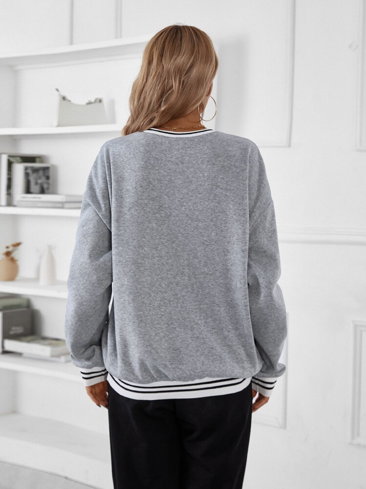 Flirla Letter Graphic Striped Trim Drop Shoulder Pullover,Long Sleeve Tops Graduation,Back To School,Graduation,Teacher For Women,Back To School Fall - Light Grey - View 2