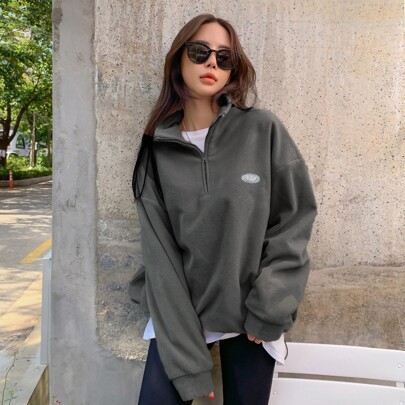 패치 디테일 드로스트링 밑단 드롭 숄더 플리스 풀오버, 가을 여성 의류 스웨트셔츠