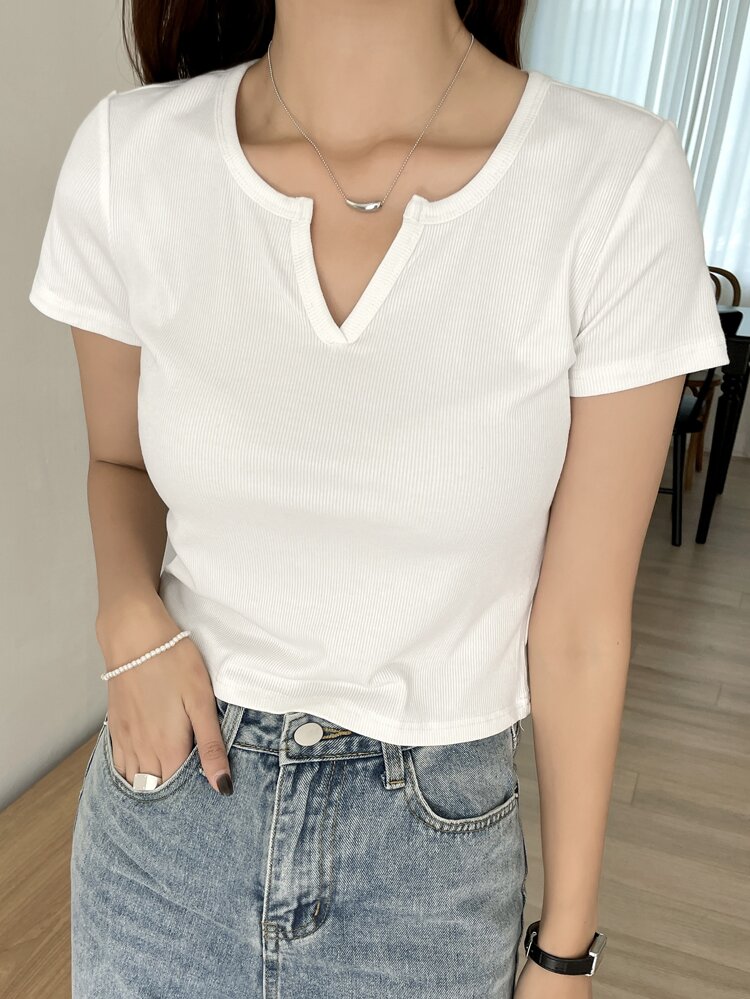 Ribbed Knit Notched Neck Tee,Crop Tops Women