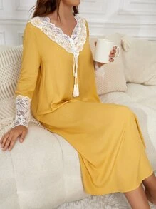 Contrast Lace Fringe Detail Night Dress - Yellow - View 1