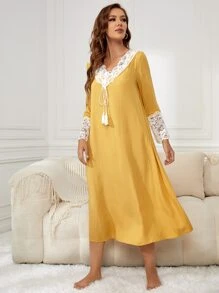 Contrast Lace Fringe Detail Night Dress - Yellow - View 3