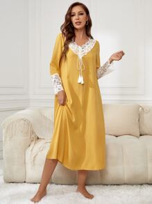 Contrast Lace Fringe Detail Night Dress - Yellow - View 5