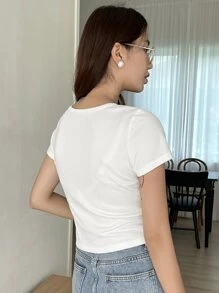 DAZY 女式罗纹针织缺口领T恤、短款上衣 - 白色 - 查看 6