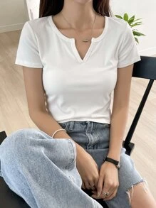 DAZY 女式罗纹针织缺口领T恤、短款上衣 - 白色 - 查看 7