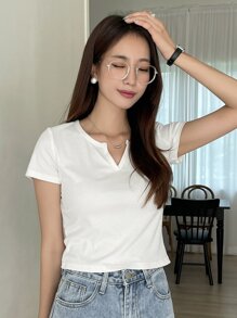 DAZY 女式罗纹针织缺口领T恤、短款上衣 - 白色 - 查看 5