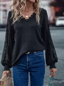 SHEIN LUNE Contrast Lace Bishop Sleeve Tee - Black - View 1