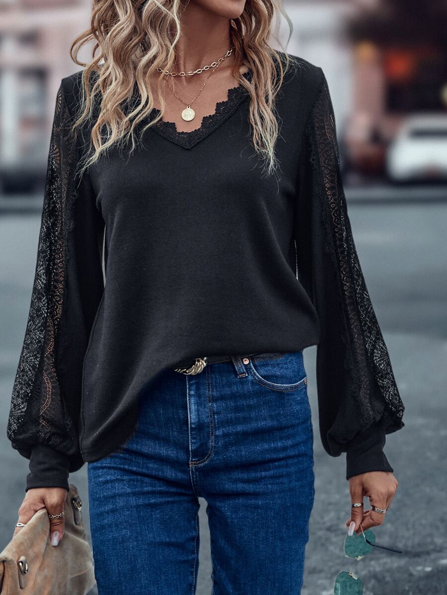 SHEIN LUNE Contrast Lace Bishop Sleeve Tee - Black - View 1