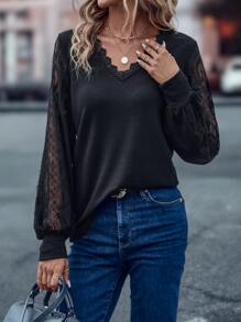 SHEIN LUNE Contrast Lace Bishop Sleeve Tee - Black - View 3