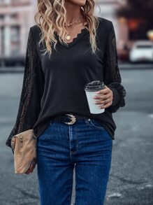 SHEIN LUNE Contrast Lace Bishop Sleeve Tee - Black - View 5