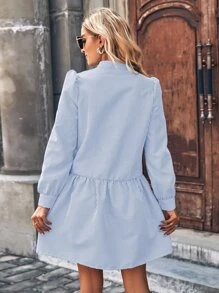 Striped Print Button Up Puff Sleeve Dress - Blue and White - View 2