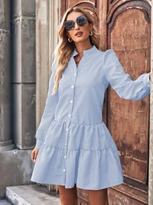 Striped Print Button Up Puff Sleeve Dress - Blue and White - View 6