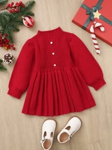 SHEIN Baby Button Front Fold Pleat Sweater Dress - Red - View 1