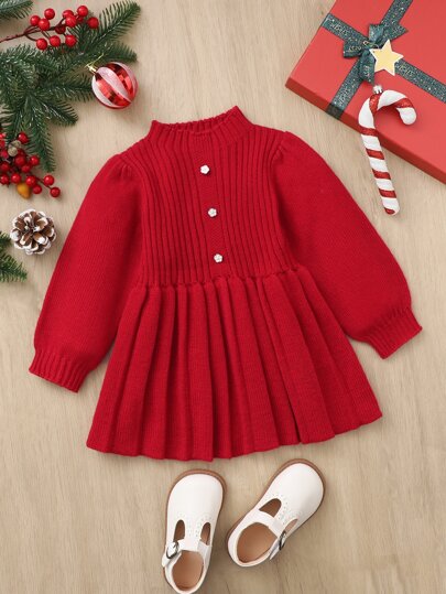 SHEIN Baby Button Front Fold Pleat Sweater Dress