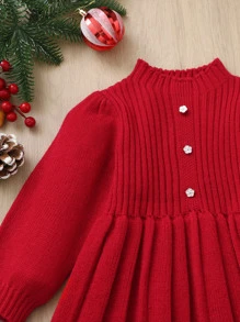 SHEIN Baby Button Front Fold Pleat Sweater Dress - Red - View 4