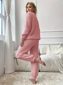 Conjunto de pijama panda & con bordado de letra franela - Rosa vieja - Ver 2