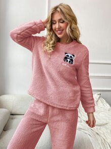 Conjunto de pijama panda & con bordado de letra franela - Rosa vieja - Ver 3