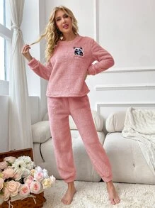 Conjunto de pijama panda & con bordado de letra franela - Rosa vieja - Ver 5