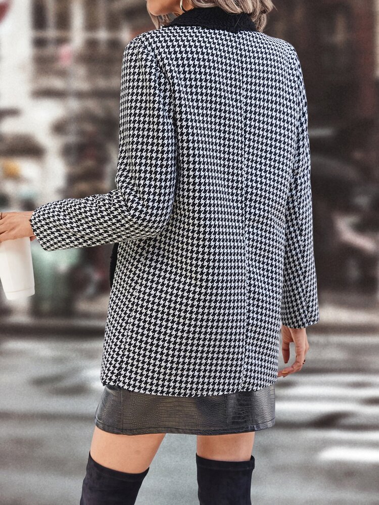 SHEIN Unity Abrigo de pata de gallo de cuello esmoquin con botón - Blanco y Negro - Añade 2