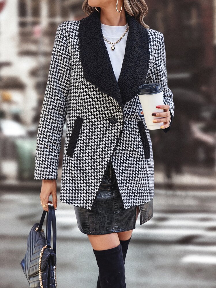 SHEIN Unity Abrigo de pata de gallo de cuello esmoquin con botón - Blanco y Negro - Añade 1