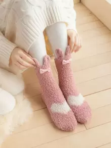 Toddler Girls Ear & Bow Decor Fuzzy Socks - Pink - View 1