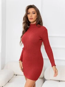 DEARCASE Vestido de punto cuello alto tejido de canalé - Burdeos - Ver 3