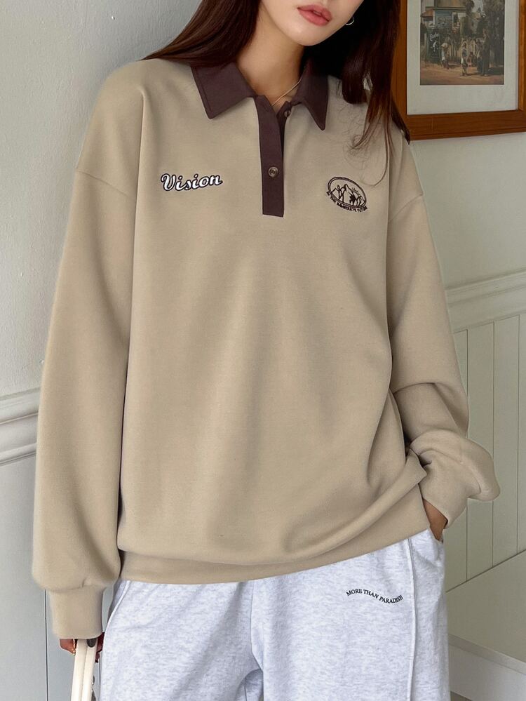 DAZY Sudadera con bordado de letra de hombros caídos de cuello polo - Caqui - Añade 1