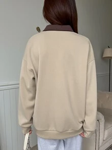 DAZY Letter Embroidery Drop Shoulder Polo Neck Sweatshirt - Khaki - View 2