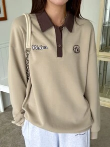 DAZY Letter Embroidery Drop Shoulder Polo Neck Sweatshirt - Khaki - View 3