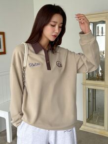 DAZY Letter Embroidery Drop Shoulder Polo Neck Sweatshirt - Khaki - View 4