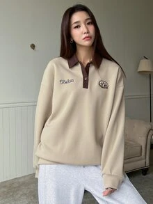 DAZY Letter Embroidery Drop Shoulder Polo Neck Sweatshirt - Khaki - View 5