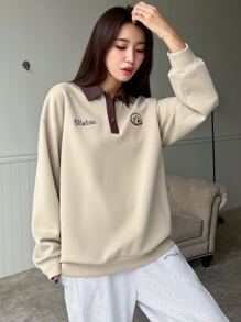 DAZY Letter Embroidery Drop Shoulder Polo Neck Sweatshirt - Khaki - View 6