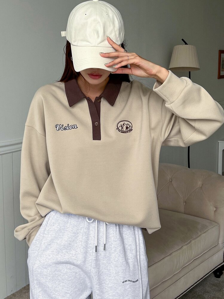 DAZY Sudadera con bordado de letra de hombros caídos de cuello polo - Caqui - Añade 7