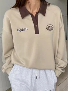 DAZY Letter Embroidery Drop Shoulder Polo Neck Sweatshirt - Khaki - View 8