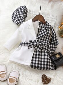 Baby Gingham Spliced Lapel Collar Belted Coat