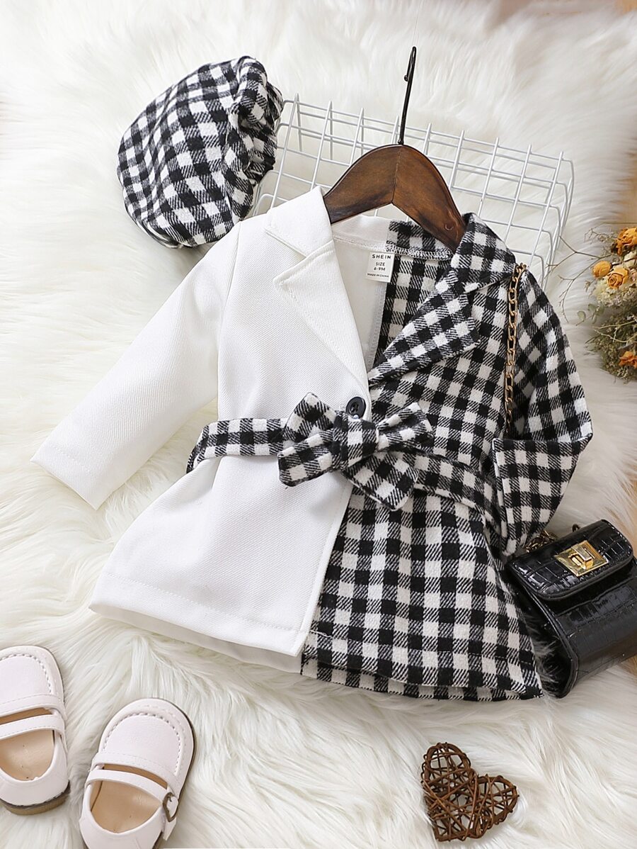 Baby Gingham Spliced Lapel Collar Belted Coat