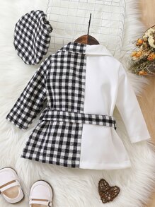Baby Gingham Spliced Lapel Collar Belted Coat