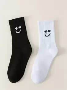 2pairs Cute Expression Embroidered Crew Socks, Fall Socks - Black and White - View 1