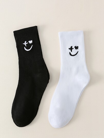 2pairs Cute Expression Embroidered Crew Socks, Fall Socks